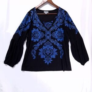 JM Collection Floral Puffed Print Mesh Bell Sleeve Blouse Women XXL Black Blue